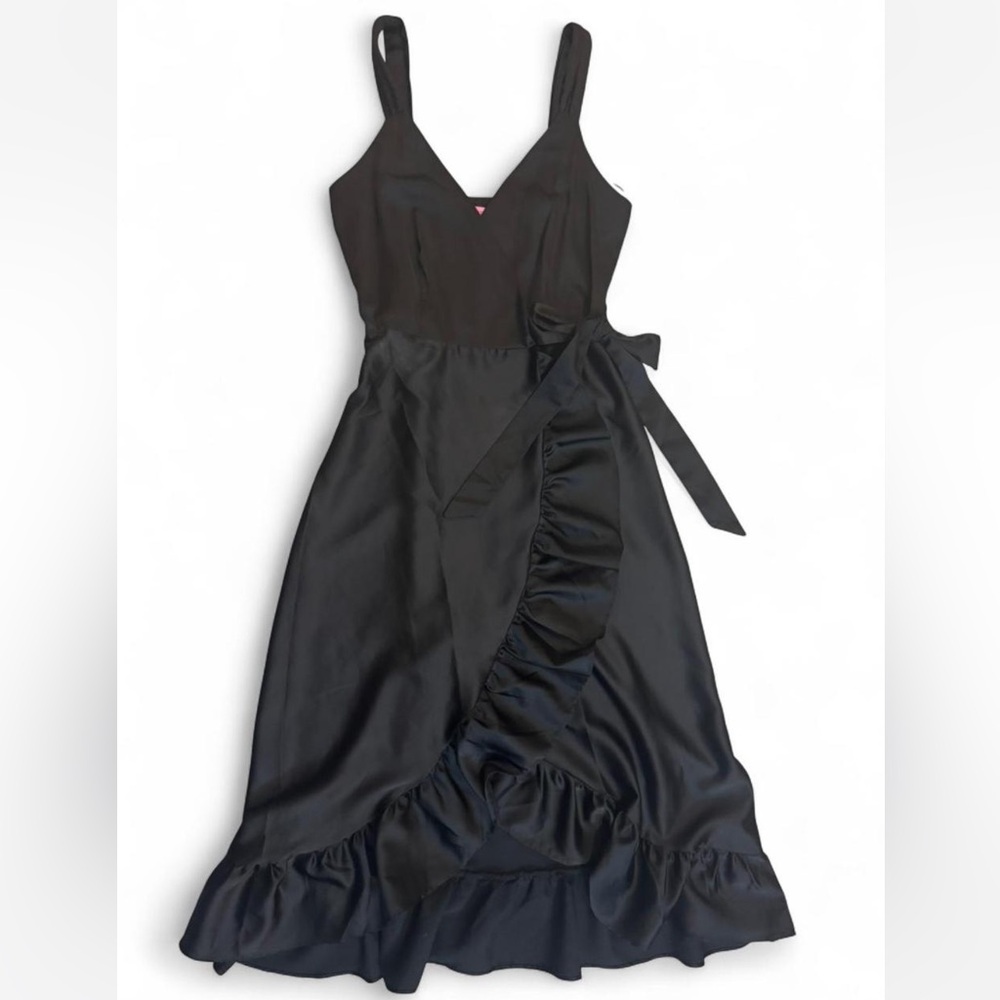 Black Ruffled Wrap Formal Midi Dress